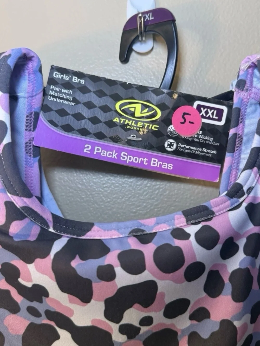 Athletic Works Pink and Black Leopard Print Blue Sports Bra XXL 2 Pack New